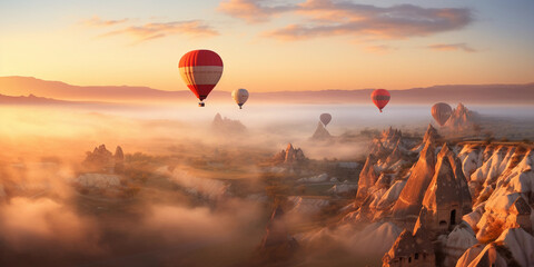 Hot air balloons over a misty Cappadocia landscape at sunrise, couple in one of the baskets, fairy chimneys below