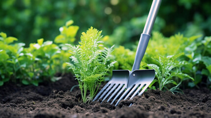 A close-up view of a garden cleanup in progress, showcasing the essential role of a garden rake.