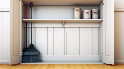 Essential home cleaning tools, including a broom and dustpan, neatly organized for easy use. - obrazy, fototapety, plakaty