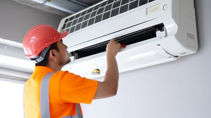 Air technician wear uniform service removing air filter of the air conditioner for cleaning.