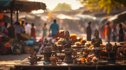 A bustling ethnic folk market scene with vendors selling a variety of handcrafted goods, Ethnic Folk, blurred background