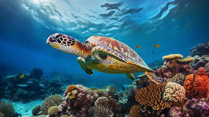 Naklejka premium Sea turtle gracefully swimming through a coral reef, bubbles trailing, underwater clarity