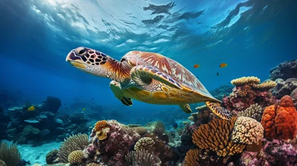 Fotobehang Sea turtle gracefully swimming through a coral reef, bubbles trailing, underwater clarity © Marco Attano