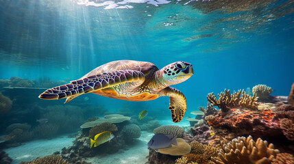 Obraz premium Sea turtle gracefully swimming through a coral reef, bubbles trailing, underwater clarity