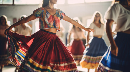 A group of people participating in an ethnic folk dance workshop, learning traditional steps and movements, Ethnic Folk, blurred background