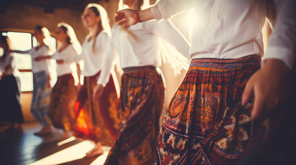 A group of people participating in an ethnic folk dance workshop, learning traditional steps and...