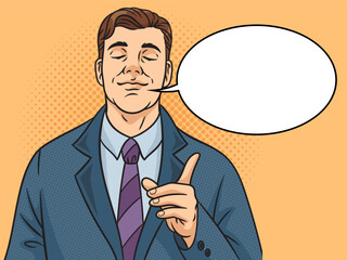 Confident and satisfied man businessman meme with text bubble pinup pop art retro vector illustration. Comic book style imitation.