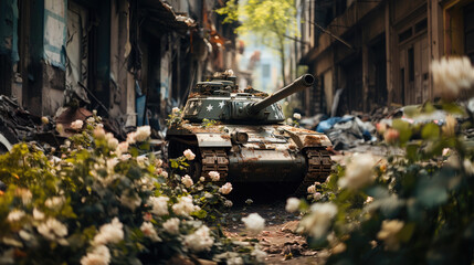 an armored tracked tank covered with flowers drives along a city street, anti-war action, no to war, military equipment, powerful weapons, armed conflict, army, spring blossoms, city