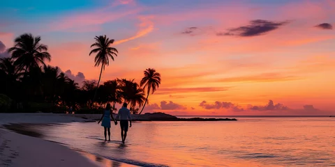 Fotobehang Tropical beach sunset, two silhouettes walking hand - in - hand, turquoise waters, pink and orange sky, palm trees swaying gently © Marco Attano
