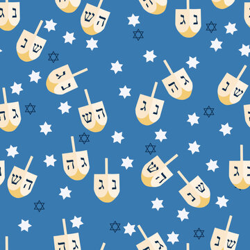 Vector seamless pattern with traditional Jewish spinning top Dreidel on a blue backdrop with Stars of David