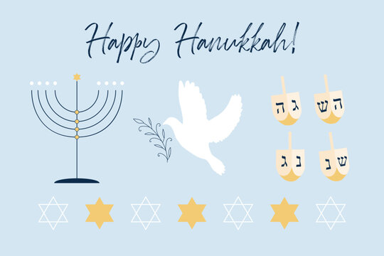 Vector isolated object set with Jewish symbols and lettering Happy Hanukkah. Traditional festive Menorah, Stars of David, Dreidel and dove of Peace with branch