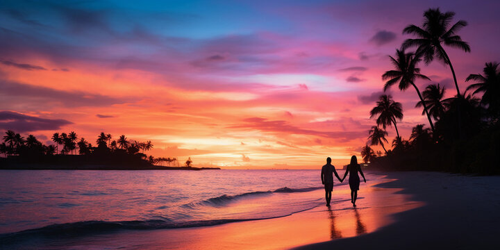 Tropical beach sunset, two silhouettes walking hand - in - hand, turquoise waters, pink and orange sky, palm trees swaying gently