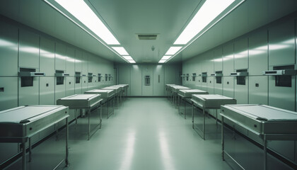 Clean well-lit morgue.