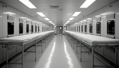 Clean well-lit morgue.