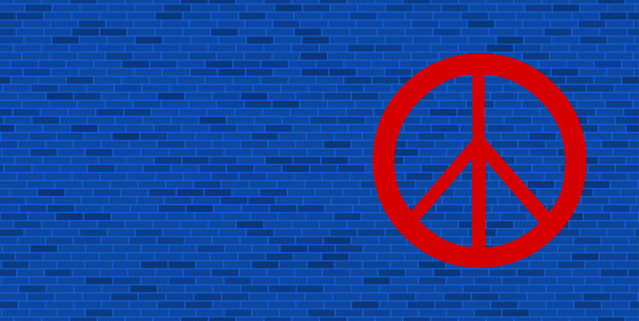 Blue Brick Wall with large red peace symbol. The symbol is located on the right, on the left there is empty space for your content. Vector illustration on blue background