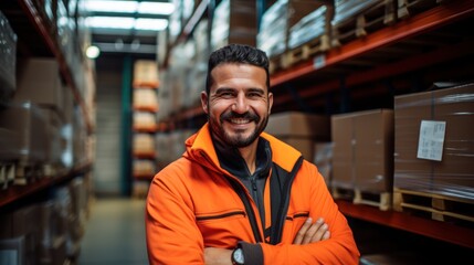 A good looking warehouse worker holding - obrazy, fototapety, plakaty