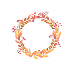 Watercolor autumn round frame, wreath of yellow twigs with orange leaves, rowan berries, isolated on a white background