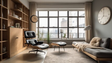 Living room decor, home interior design . Mid-century modern Industrial style with Large window decorated with Wood and Metal material . Generative AI AIG26.