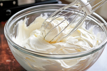 In a white kitchen, a cook skillfully whips up a homemade dessert, combining fresh ingredients in a mixing bowl.