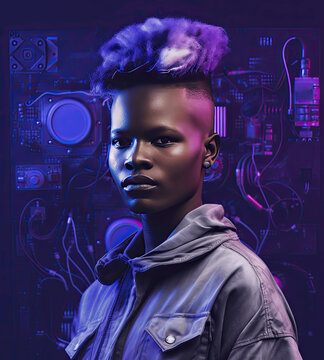 Colorful techno music album cover with a DJ isolated from a dark background with sci-fi elements