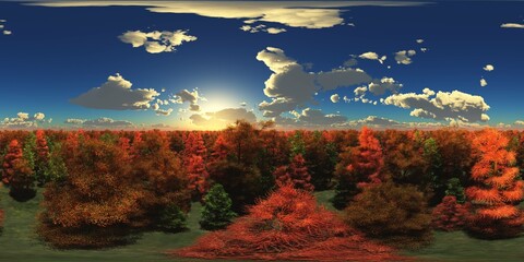 Autumn landscape, autumn trees, HDRI,Panorama of the autumn landscape. HDRI, environment map , Round panorama, spherical panorama, equidistant projection, panorama 360, 3d rendering © ustas