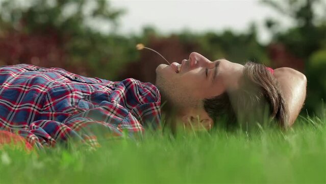 Handsome male student on a green grass