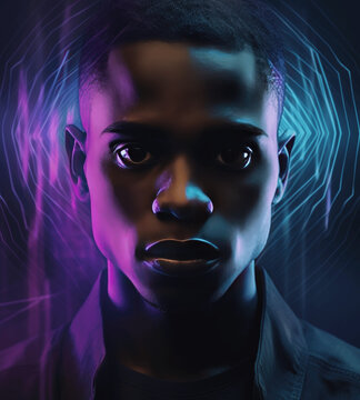 Colorful techno music album cover with a DJ isolated from a dark background with sci-fi elements