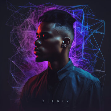 Colorful techno music album cover with a DJ isolated from a dark background with sci-fi elements