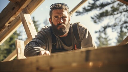 Fototapeta na wymiar Carpenter constructing wooden frame two - story house near the forest.