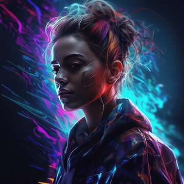 Colorful techno music album cover with a DJ isolated from a dark background with sci-fi elements