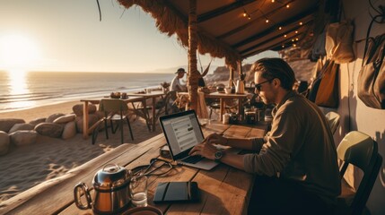 Digital nomads are people who travel freely while working remotely - obrazy, fototapety, plakaty