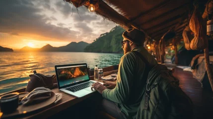 Foto op Canvas Digital nomads are people who travel freely while working remotely © sirisakboakaew