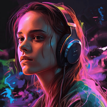 Colorful techno music album cover with a DJ isolated from a dark background with sci-fi elements