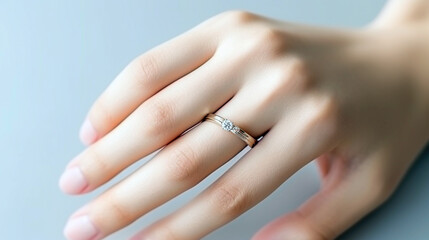 Embrace bridal elegance as a woman's hand holds a wedding ring, symbolizing love and marital promise.