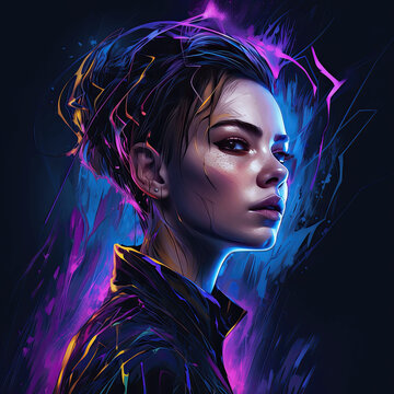 Colorful techno music album cover with a DJ isolated from a dark background with sci-fi elements
