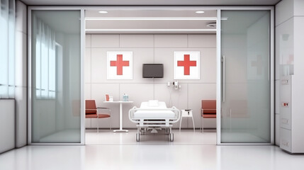 Visit the clinic's cross station, where healthcare professionals work tirelessly under the medical cross decal on glass.