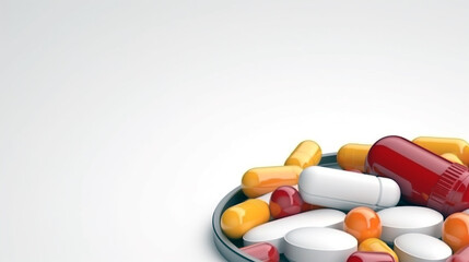 Observe a pill bottle containing various colorful pills and capsules, representing essential medication.