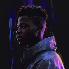 Colorful techno music album cover with a DJ isolated from a dark background with sci-fi elements