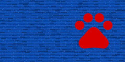 Blue Brick Wall with large red pet symbol. The symbol is located on the right, on the left there is empty space for your content. Vector illustration on blue background