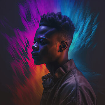 Colorful techno music album cover with a DJ isolated from a dark background with sci-fi elements