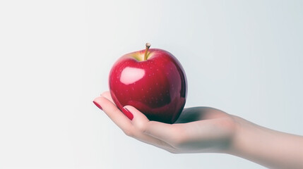 Promote healthy snacking with a red apple held by a woman, featuring a tempting bite and fresh nutrition.