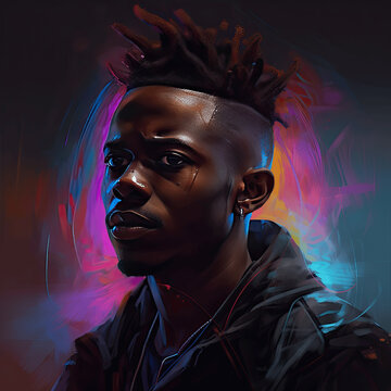 Colorful techno music album cover with a DJ isolated from a dark background with sci-fi elements