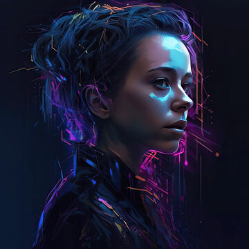 Colorful techno music album cover with a DJ isolated from a dark background with sci-fi elements