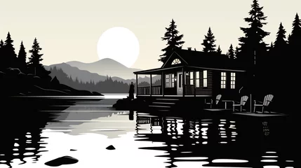 Fotobehang Escape to a serene lakeside cabin silhouette in the heart of nature. © Sameera Sandaruwan
