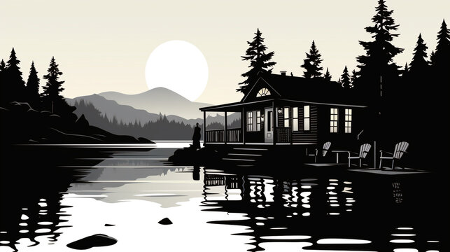 Escape to a serene lakeside cabin silhouette in the heart of nature.