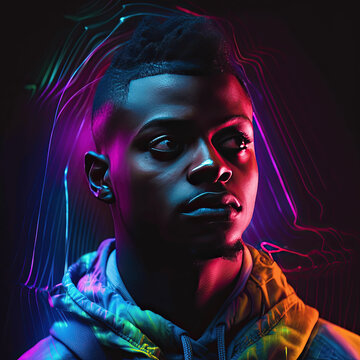 Colorful techno music album cover with a DJ isolated from a dark background with sci-fi elements