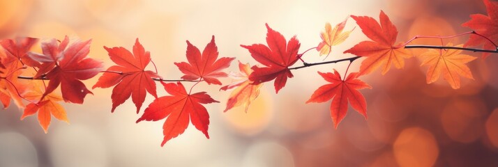Branch with red and yellow maple leaves with soft focus light and background