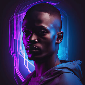 Colorful techno music album cover with a DJ isolated from a dark background with sci-fi elements