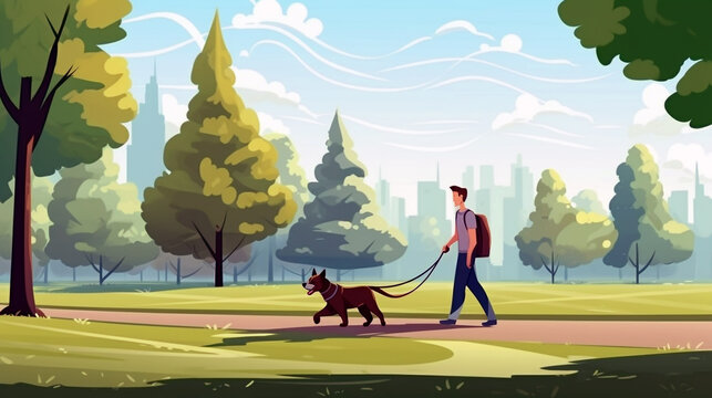 Experience the joy of an outdoor dog walk as an owner and their pet bond while walking together with a leash.