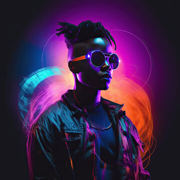 Colorful techno music album cover with a DJ isolated from a dark background with sci-fi elements